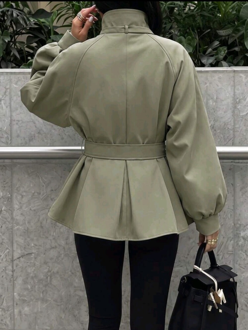 Autumn/Winter Grey-Green Stand Collar Waist-Cinching Tie-Front Mid-Length Jacket - Picture 6 of 6